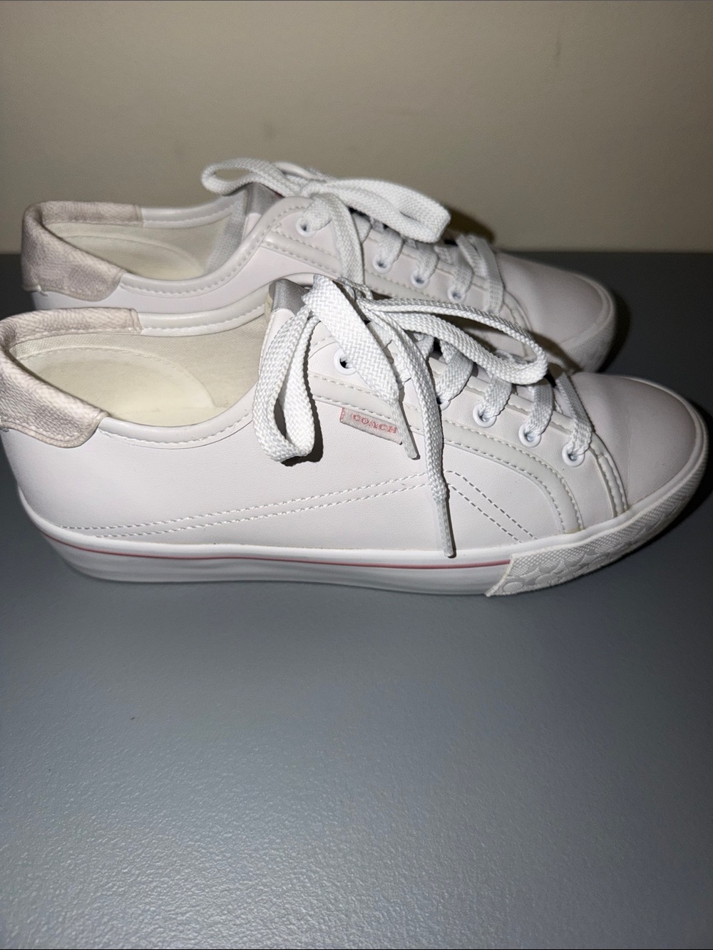 Coach White Low-Top Leather Sneakers with Subtle Pink Trim